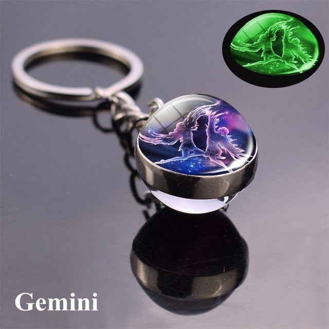 Stunning amazing 12 Constellation Luminous Keychain Glass Ball Pendant Zodiac Keychain Glow In The Dark Key Chain Holder