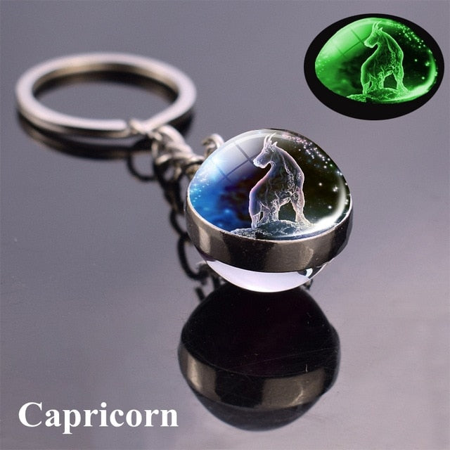Stunning amazing 12 Constellation Luminous Keychain Glass Ball Pendant Zodiac Keychain Glow In The Dark Key Chain Holder