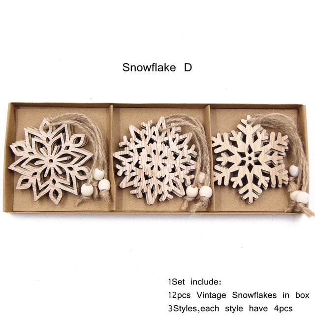 12PCS Vintage Styke Snowflake, Christmas Wooden Pendants Ornaments