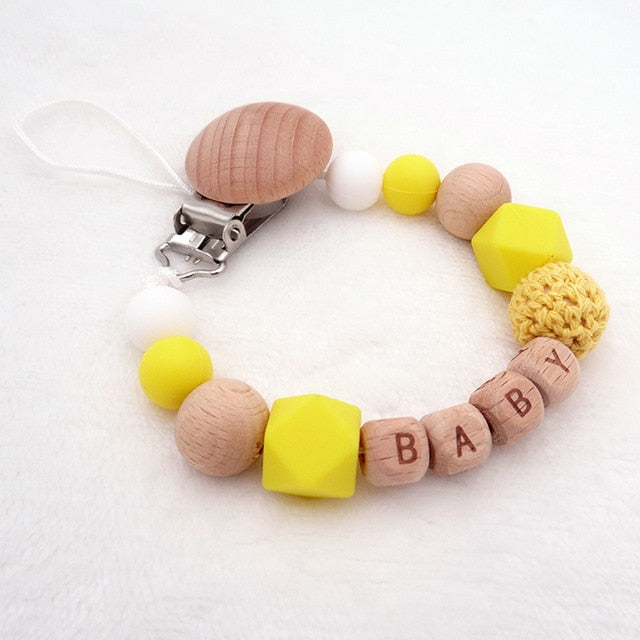 Handmade Personalized Name Silicone Wood Pacifier Clips