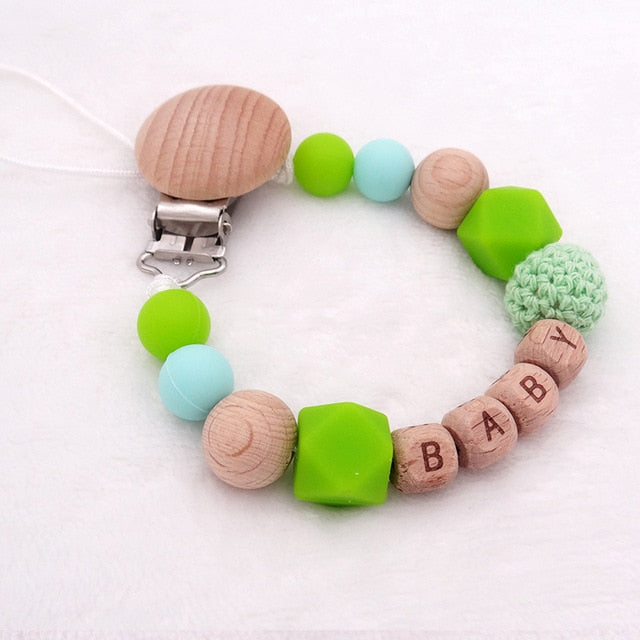 Handmade Personalized Name Silicone Wood Pacifier Clips