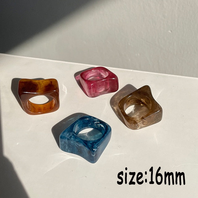 Colourful Transparent Resin Acrylic Rhinestone, Geometric Square Round Rings Set for Women Jewelry