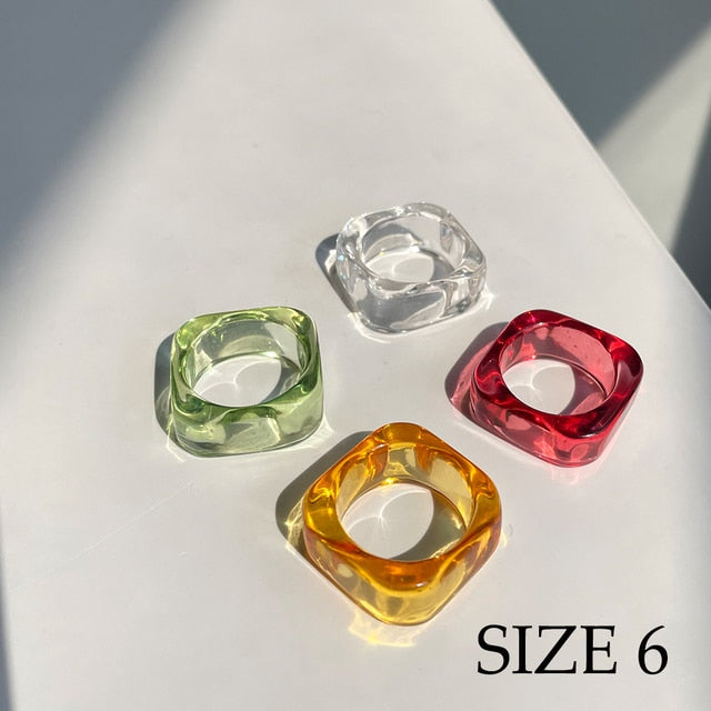 Colourful Transparent Resin Acrylic Rhinestone, Geometric Square Round Rings Set for Women Jewelry