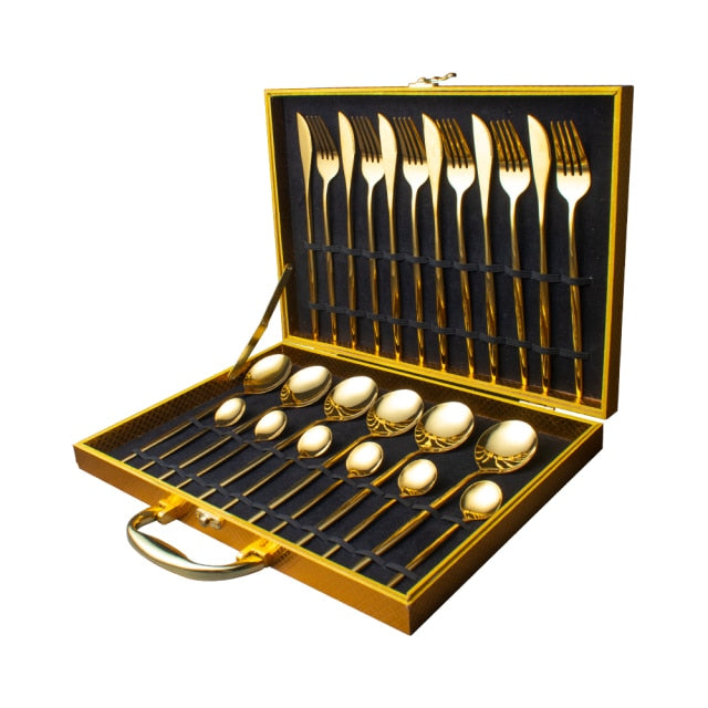 24pcs Gold Dinnerware Set, Stainless Steel Tableware Set