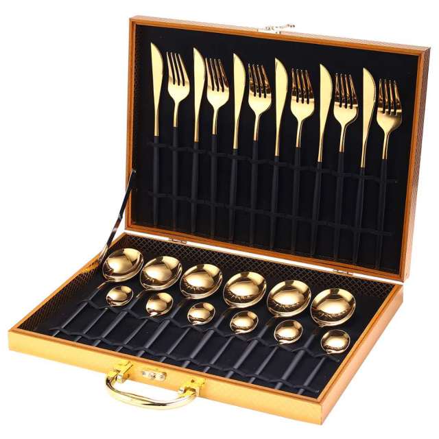 24pcs Gold Dinnerware Set, Stainless Steel Tableware Set