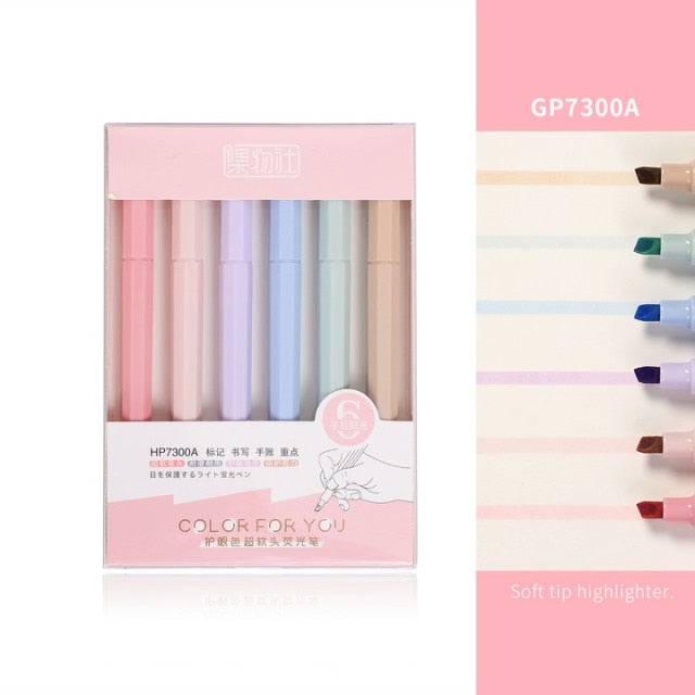 6pcs/set Soft Tip Highlighter, Light Color Marker Pen