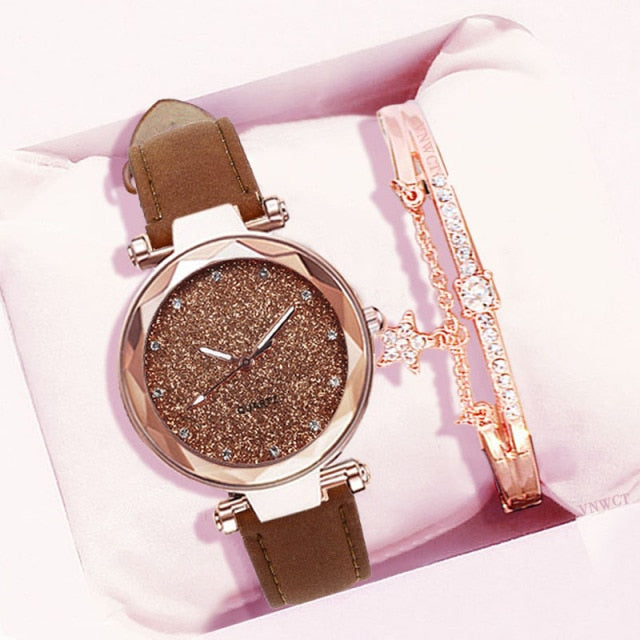 Casual Women Romantic Starry Sky Wrist Watch & Bracelet