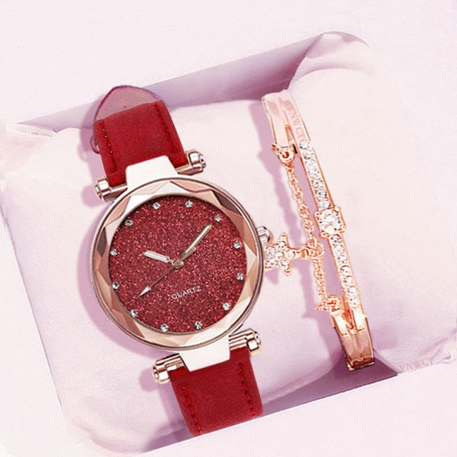 Casual Women Romantic Starry Sky Wrist Watch & Bracelet