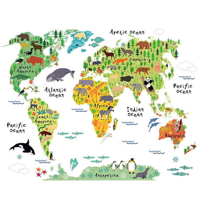 Colorful Animal World Map, Vinyl Wall Sticker For Kids Room
