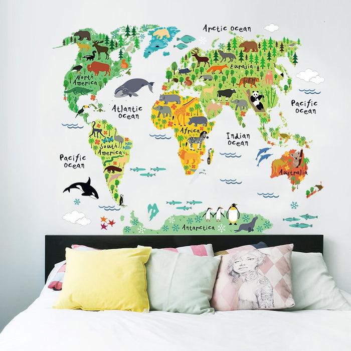 Colorful Animal World Map, Vinyl Wall Sticker For Kids Room